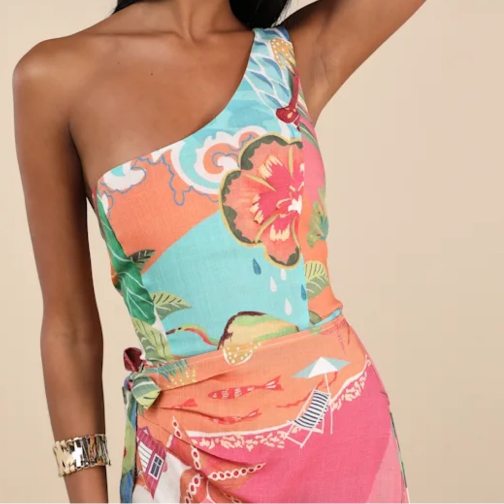 Lulus Hilinai Blue Multi Tropical Print Wrap Midi Dress - Picture 2 of 6